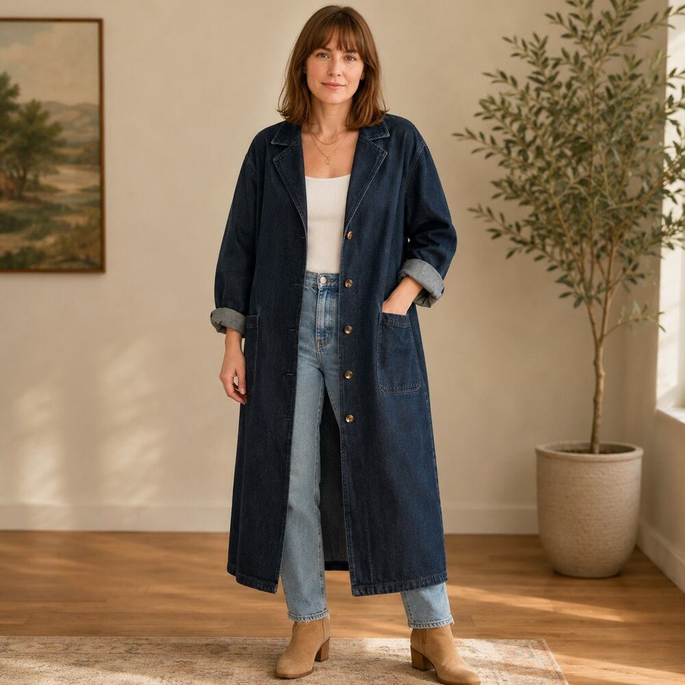 Vintage Denim Duster Coat XL Long Button Front 100% Cotton Pockets -